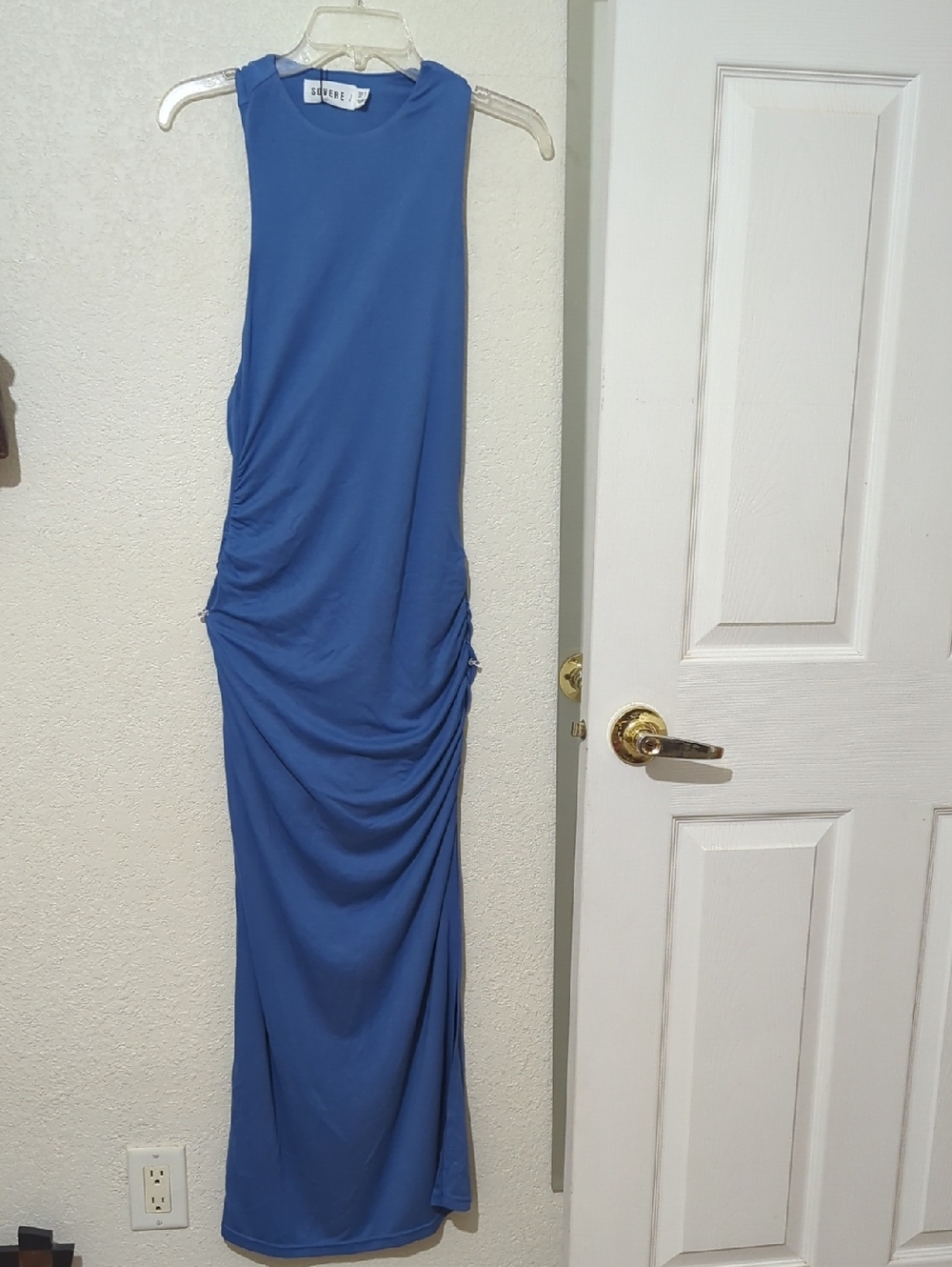 Sovere Deep Sea Blue Sleeveless Form Fitting Maxi Dress, Side Slit, Small NWT